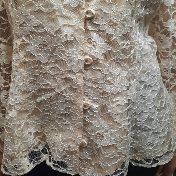 Vintage 80s Cream Lace Sailor Collar Blouse Size M Victorian Romantic Cottage - Picture 3 of 7
